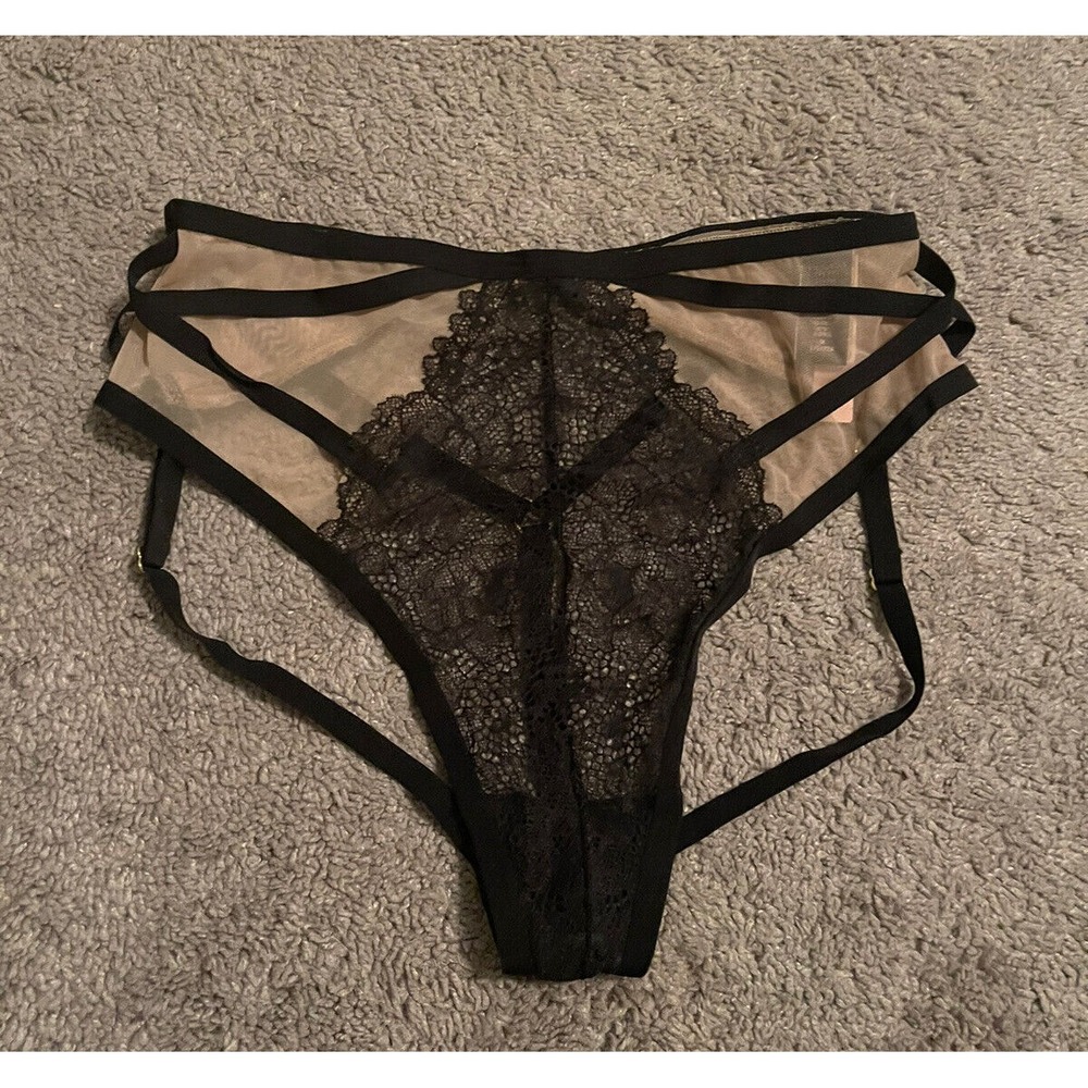 Victoria's Secret Very Sexy High-Waist Cheeky Sz L Black Nude Strappy Open Back